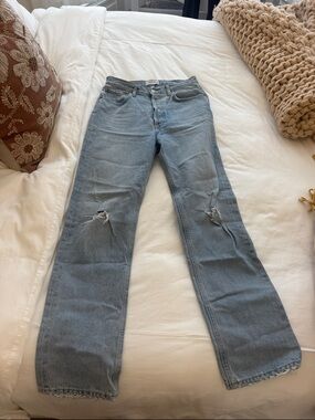 Agolde Light Blue Flare Jeans with Knee Rips